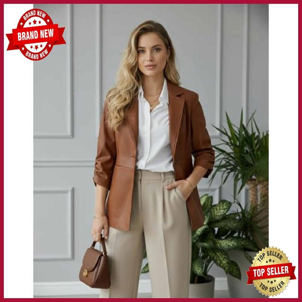 Slim Fit Faux Leather Blazer Jacket 3/4 Sleeves Business Casual - Picture 6 of 7